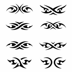Design a tribal icon pack representing harmony and discord, featuring contrasting symbolic imagery.  Include both positive and negative motifs.