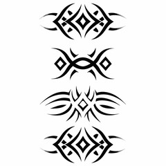 Design a set of tribal tattoo icons showcasing hatching and shading techniques, emphasizing bold lines and intricate patterns.  Include diverse symbolic elements.