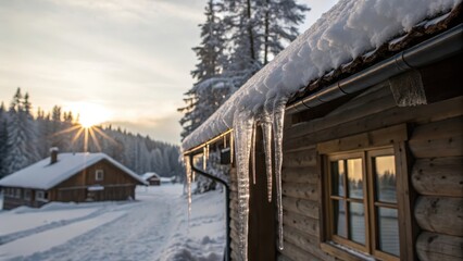 Snowy Landscape with Cabin and Icicles at Sunset in Winter Scene