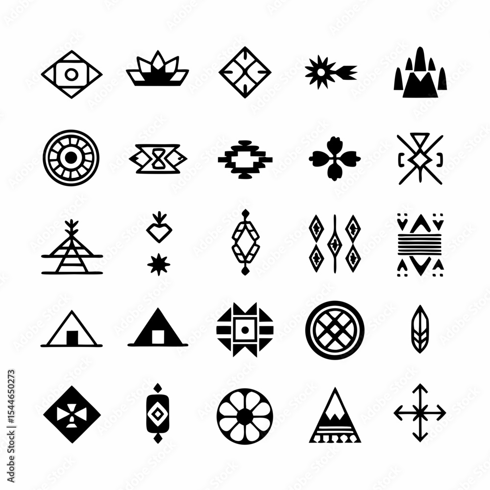 Poster design a vibrant icon set showcasing diverse indigenous cultural motifs, emphasizing geometric patte