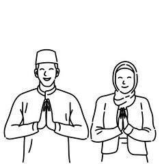 Fototapeta premium Muslim and Muslimah Line Art Illustration for Ramadhan and Eid Mubarak Greeting Card & Celebration Design