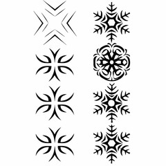 Design a set of tribal tattoo icons featuring ice, snow, and winter-themed imagery.  Include geometric patterns and bold lines.