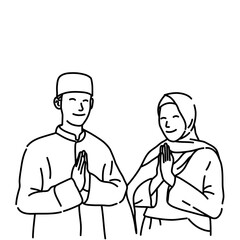 Muslim and Muslimah Line Art Illustration for Ramadhan and Eid Mubarak Greeting Card & Celebration Design