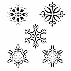 Design a set of tribal tattoo icons featuring ice, snow, and winter-themed elements.  Include stylized snowflakes, icy mountains, and abstract representations of winter spirits.