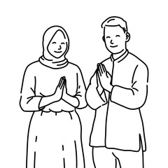 Fototapeta premium Muslim and Muslimah Line Art Illustration for Ramadhan and Eid Mubarak Greeting Card & Celebration Design