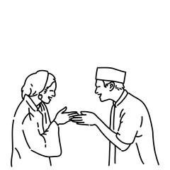 Muslim and Muslimah Line Art Illustration for Ramadhan and Eid Mubarak Greeting Card & Celebration Design