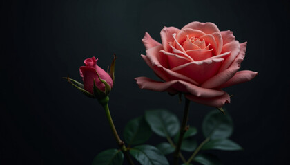 Fototapeta premium This captivating close-up showcases a vibrant, peachy-pink rose and a delicate bud, set against a deep black backdrop.