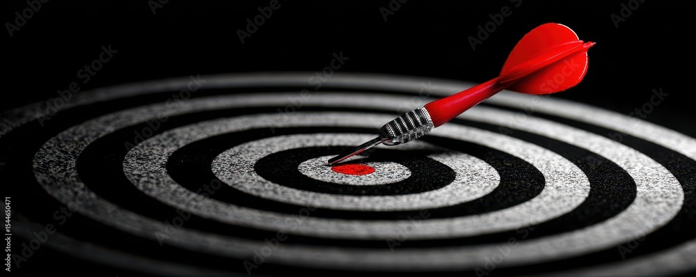 Poster close-up of a red dart embedded in the center of a black and white spiral target board with a dark b
