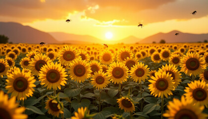 A breathtaking view of a vast sunflower field bathed in the golden light of sunset.