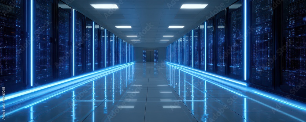 Poster futuristic data center hallway with led lighting and rows of server racks in a modern technology env