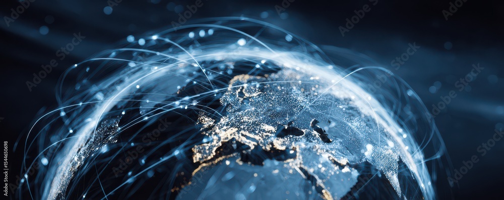 Poster high-tech global connectivity concept with network lines and bright star maps depicting digital comm