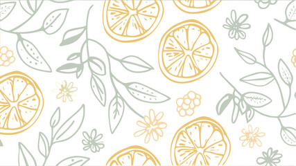 Seamless pattern with lemon slices, leaves, and flowers on a white background in pastel colors
