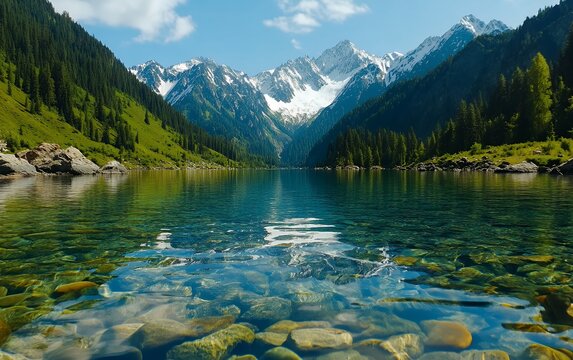 Majestic mountain lake with clear water and snow-capped peaks in alpine valley
