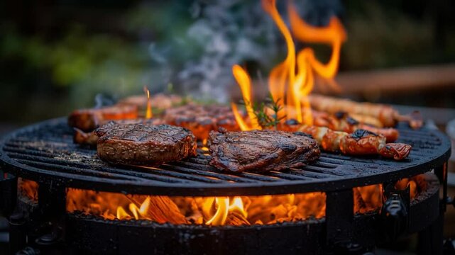 Grilled Meat Slices on Campfire Grill at Campsite