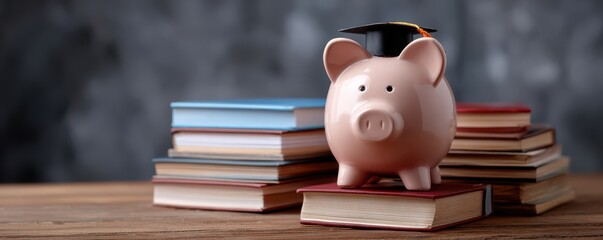 Cute piggy bank wearing graduation cap on stack of books symbolizing financial education and savings for future academic success and investment in knowledge