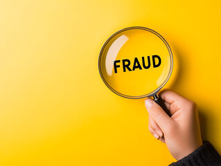 Hand reveals 'Fraud' under magnifying glass on yellow. Concept for business, design, web.