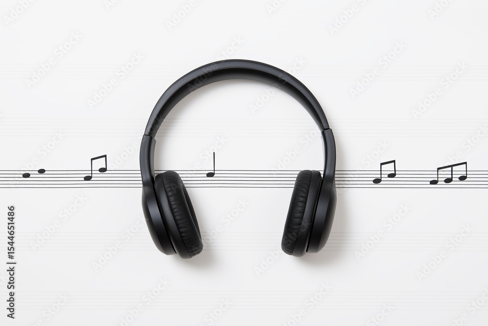 Poster black headphones placed on a white background with musical notes, symbolizing the connection between