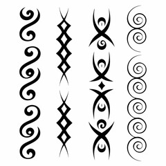 Design a pack of authentic Maori tribal tattoo designs, showcasing intricate patterns and traditional symbols. Include variations in style and size.