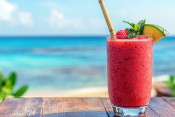 Smoothie fruit on tropical beach abstract background. Summer food and drink. Generative ai.