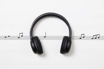 Black headphones placed on a white background with musical notes, symbolizing the connection between sound and music, creating an engaging auditory experience for listeners