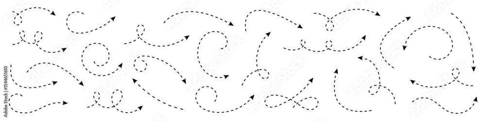 Poster set of dashed curved arrows.