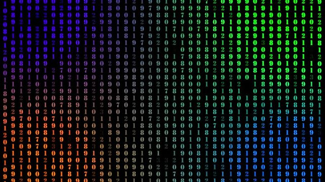 a glowing neon icon, binary, symbol, file, sign, code, animation video on black background 