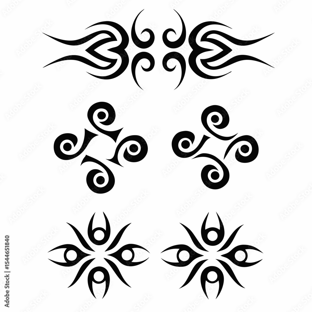 Poster design a series of tribal tattoo icons utilizing negative space, showcasing intricate patterns and b