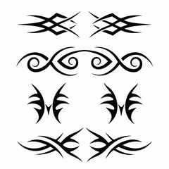 Design a collection of authentic Native American tribal tattoo motifs, showcasing diverse styles and symbolic meanings.  Include detailed line art and color variations.