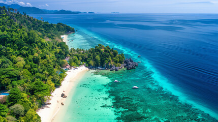  Tropical beach. Summer vacation on a tropical island with beautiful beach and palm trees. Tropical Maldives.