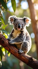 Fototapeta premium Adorable Koala on Branch: Sunlit Portrait in Warm Tones