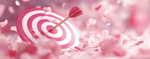 Soft focus image of a circular target with a wooden arrow piercing the bullseye, surrounded by delicate pink petals on a dreamy pastel background