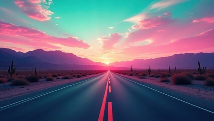 Obraz premium Pink Sunset Desert Highway Scenic Road Trip image