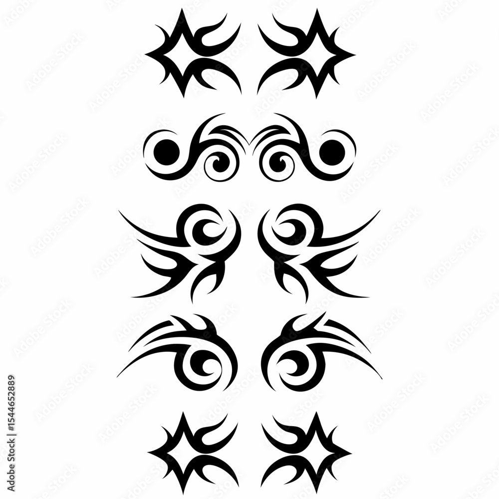 Poster design a set of tribal-style tattoo icons depicting planets in orbit, emphasizing geometric patterns