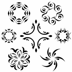 Design tribal-style tattoo icons depicting planets in orbit, emphasizing geometric patterns and bold lines.  Include celestial and cosmic elements.