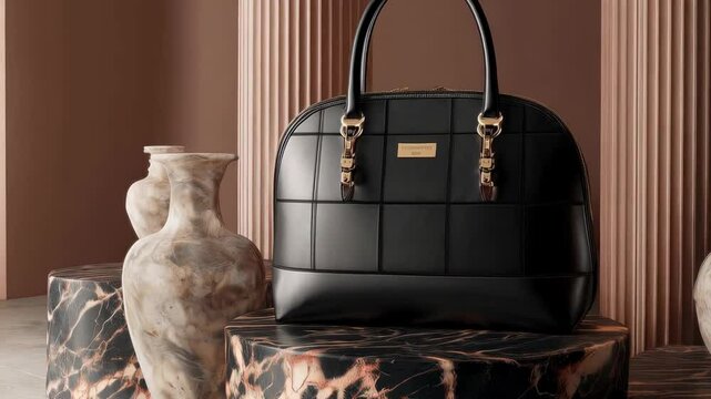 Stylish black handbag displayed on marble pedestals surrounded by elegant vases in a contemporary indoor setting