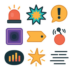 Dynamic Icon Grid. Flat icon set of attention-grabbing visuals: blinking light sign, colorful burst,