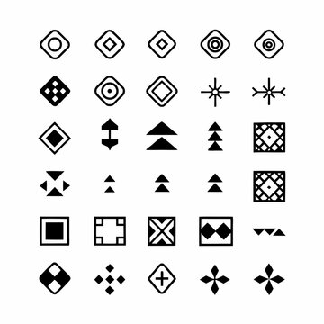 Generate a seamless pattern of stylized tribal textile icons, featuring geometric shapes and repeating motifs.  Focus on bold, contrasting colors and a handcrafted aesthetic.
