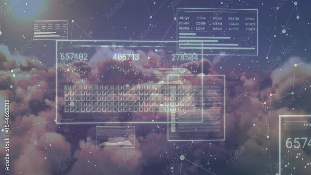 Aufkleber cloudscape fading in revealing data panels updating grids and sliding bar charts showing data flow