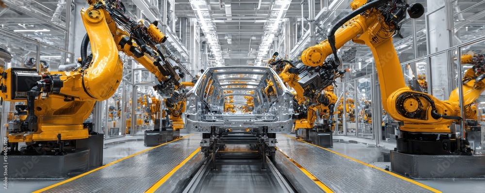 Poster advanced robotic technology in automotive manufacturing facility with automated robotic arms working