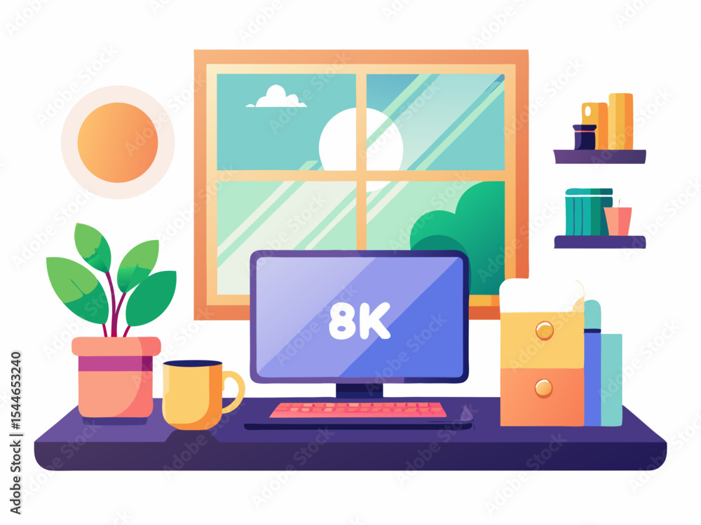 Poster modern workspace desktop design featuring a plant, computer screen, and window view ideal for brandi
