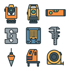 Naklejka premium Construction Tools Icons. Flat icon set of construction tools for structural analysis: theodolite, total