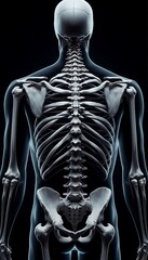 Realistic Anatomical Illustration of Human Spine, Ribcage, and Pelvis on Black Background