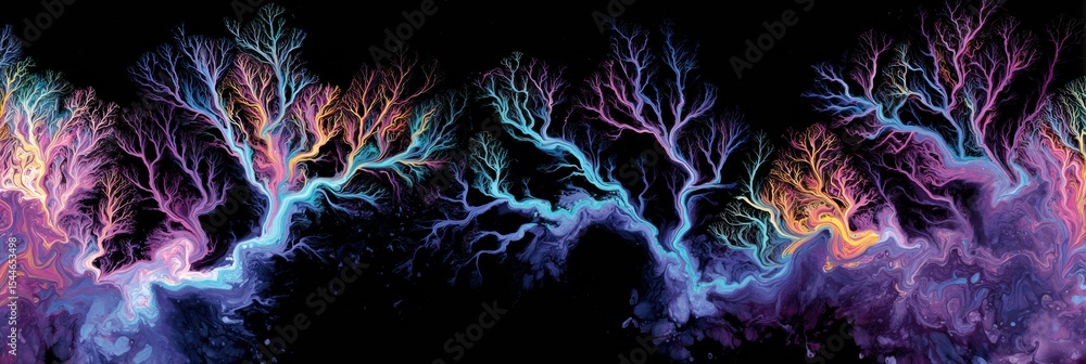 Aufkleber Colorful Fluid Paint Creating Dynamic Neural Branches in Motion Against a Dark Backdrop