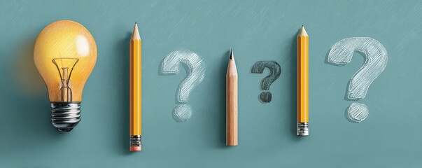 Light bulb glowing next to pencils and question marks on teal background symbolizing creative ideas, learning concepts, and problem-solving methods
