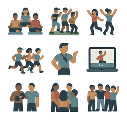 Group Fitness Icons. Flat icon set of group fitness and community wellness: group yoga, bootcamp class, dance