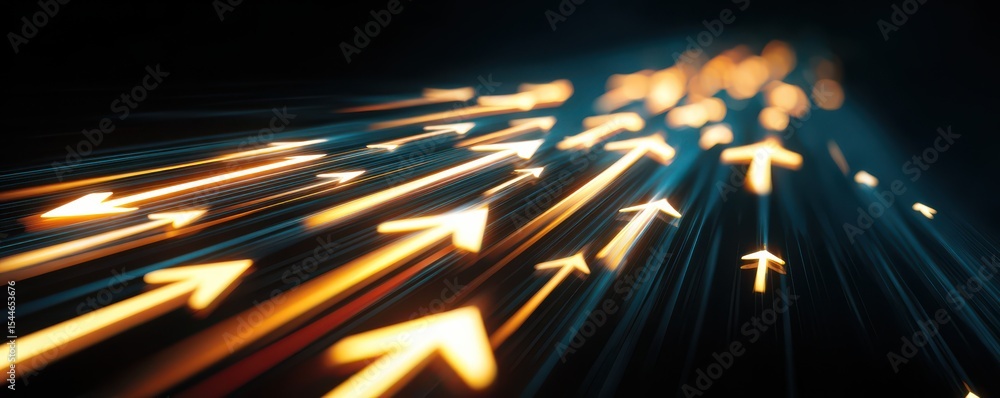 Poster dynamic stream of glowing arrows representing progress, direction, and movement in a futuristic digi