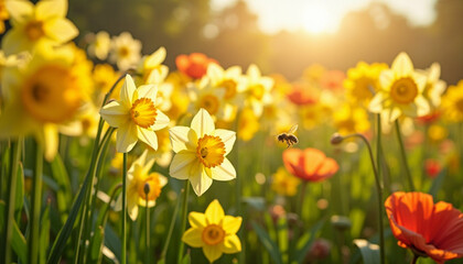 Fototapeta premium A beautiful springtime scene filled with clusters of bright yellow daffodils and vibrant red poppies.