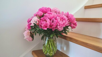 pink flowers in a vase. Peony Bouquet isolate. Pink peonies flowers. Large peony flower on a white background. Beautiful pink peony and green. Macro flowers. Bouquet of pink peonies in vase.