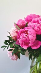 Peony Bouquet isolate. Pink peonies flowers. Large peony flower on a white background. Beautiful pink peony and green. Macro flowers. Bouquet of pink peonies in vase on white background, big peonies 