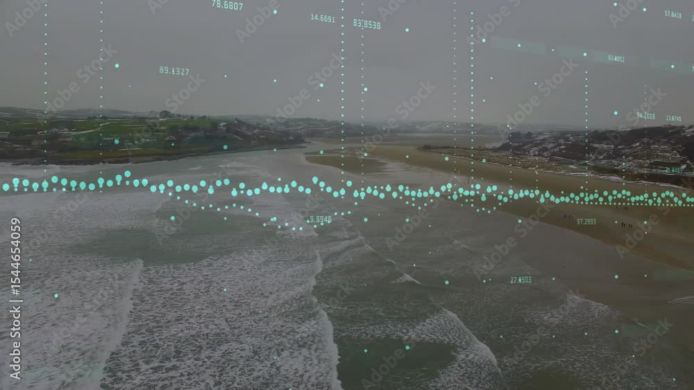 Aufkleber drone ascending over coastline, capturing waves while animated data overlay visualizing metrics